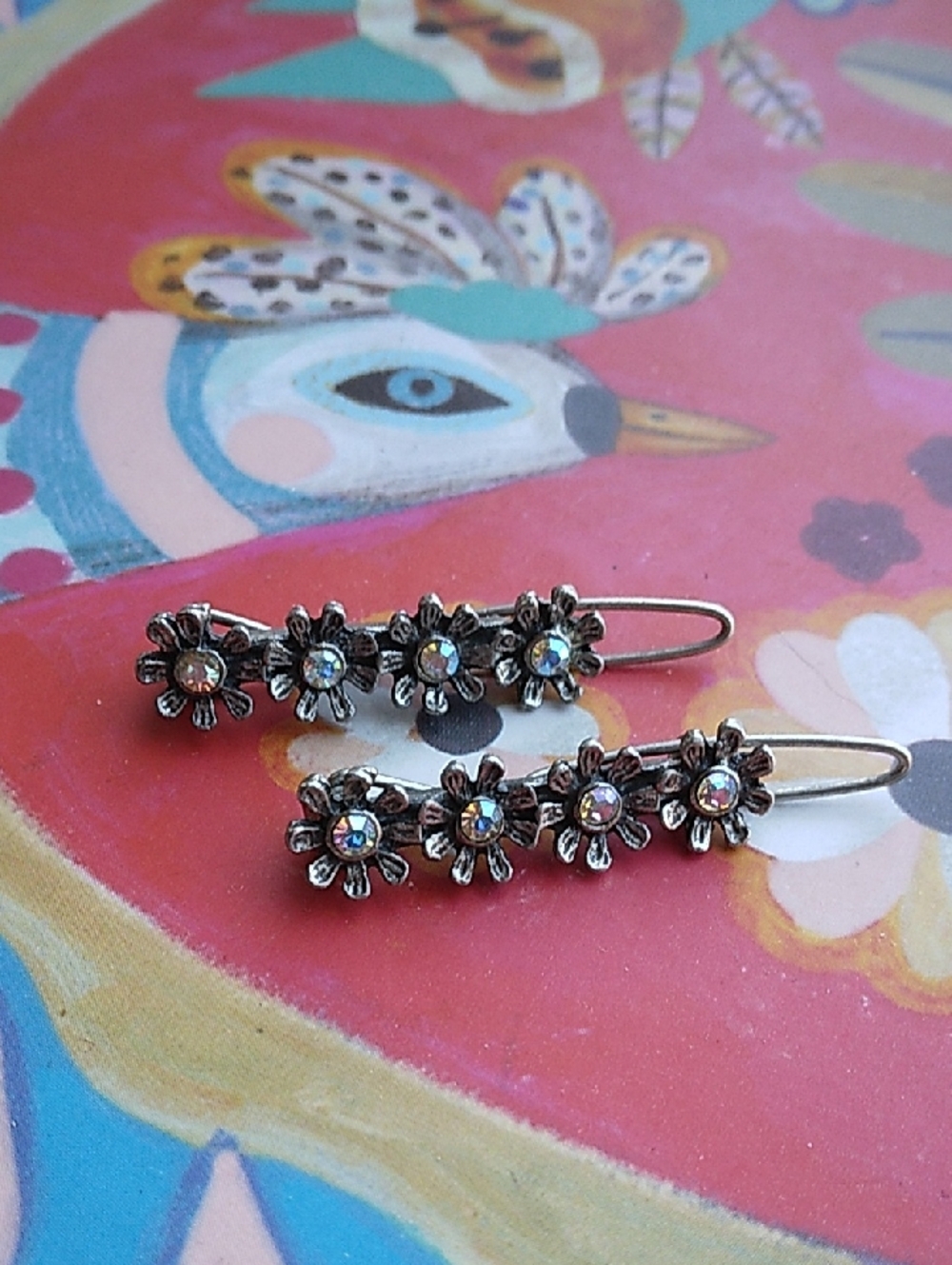 Vintage Silver Aurora Crystal Floral Barrette Set of 2